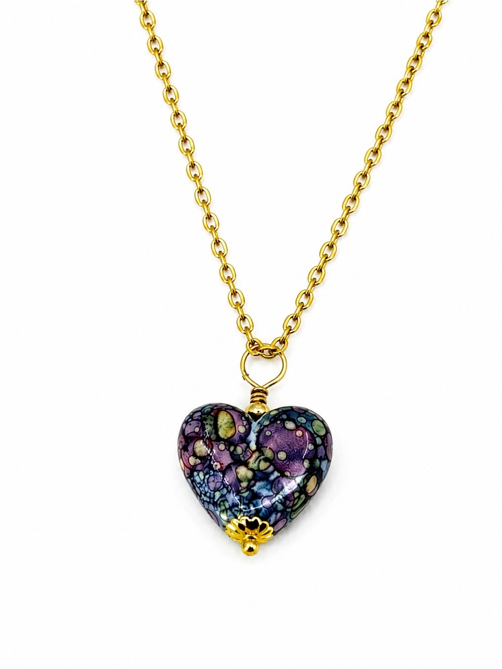 Handmade Black Marbled Heart Necklace | Gold Stainless Steel Chain